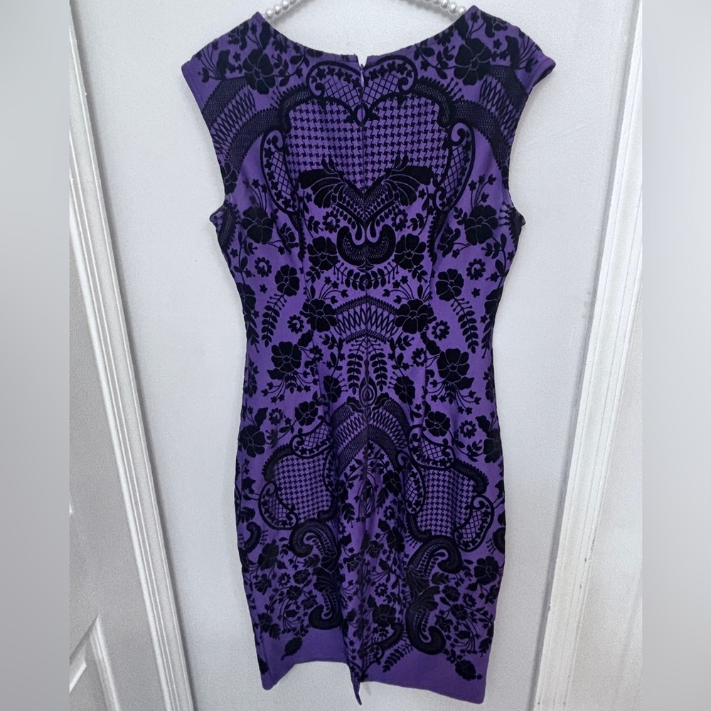New York & Company Purple and Black Ebony Patterned Dress Size: Small - Picture 2 of 4